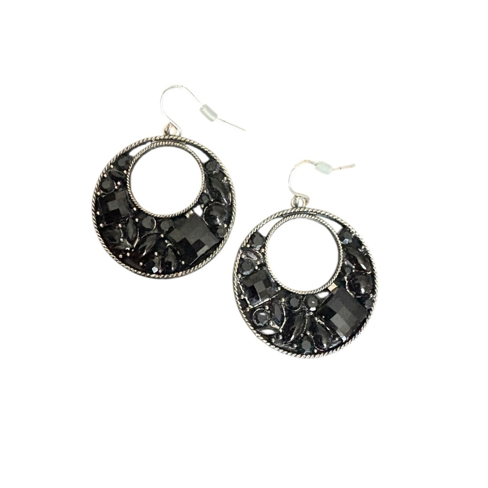 Black‎ Rhinestone Cutout Hoop Earrings – Silver Tone Dangle Fashion Jewelry